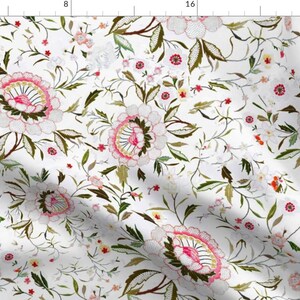 Embroidered Floral Fabric - Pink Green Floral Embroidered Flowers Botanical Floral By Jenlats - Cotton Fabric by the Yard with Spoonflower