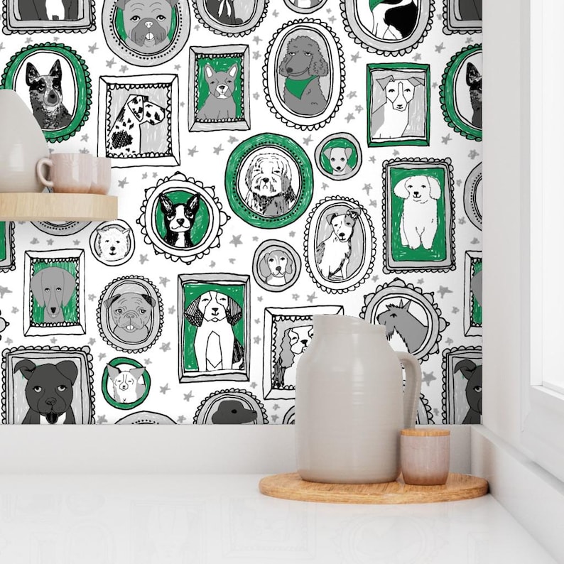 Hondenbehang - Hondenportretten van Andrea Lauren - Groenwitte honden op maat bedrukte verwijderbare zelfklevende behangrol van Spoonflower afbeelding 7