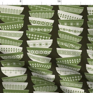 May include: A seamless pattern featuring stacks of green and white bowls with various geometric designs. The bowls are set against a dark green background.