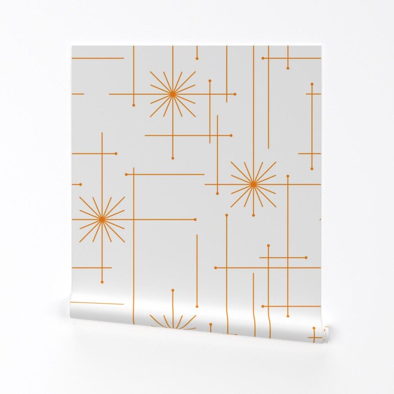 Mid Century Peel and Stick Wallpaper - Atomic Starbursts White Orange ...