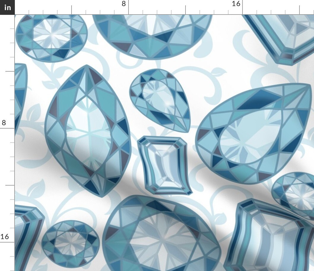 Faceted Gemstones Fabric Blue Diamonds Vine On White By Etsy