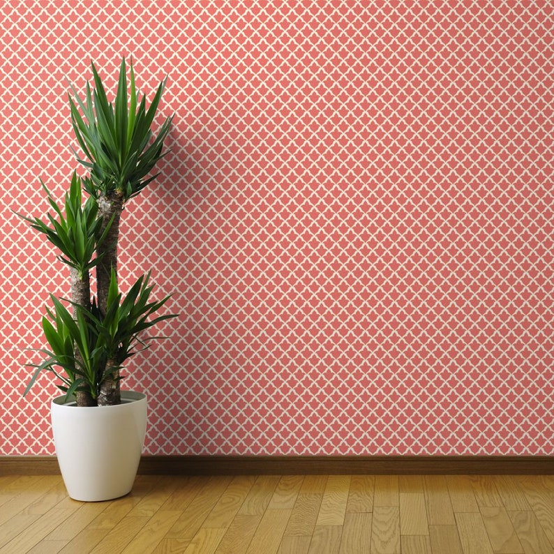 Fleur In Bright Coral By Willowlanetextiles Custom Printed Removable Self Adhesive Wallpaper Roll by Spoonflower Quatrefoil Wallpaper