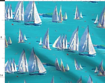 Regatta Blue Sailboats Teal Fabric - Regatta Day By Southwind - Regatta Illustration Boat Cotton Fabric By The Yard With Spoonflower