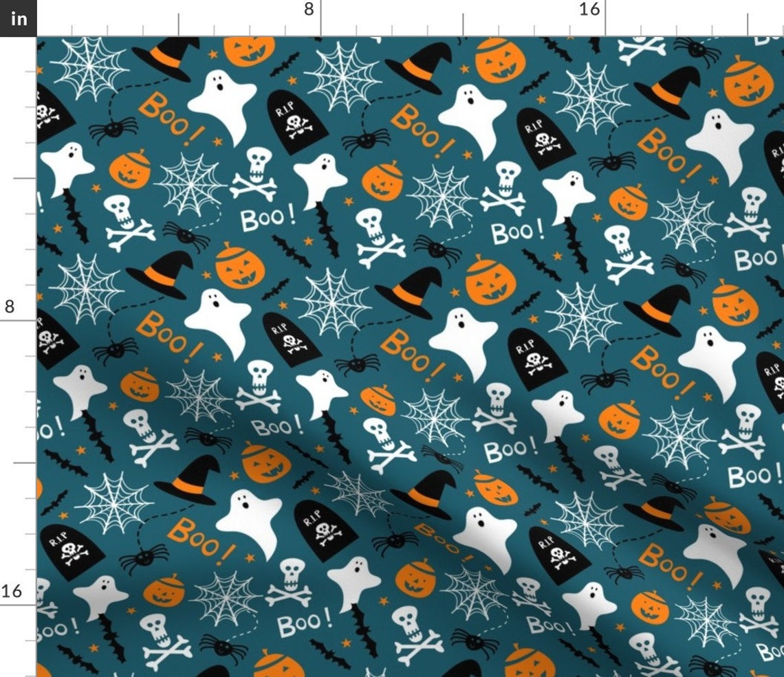 Teal Halloween Print Spooky Ghost Fabric Halloween Icons by - Etsy