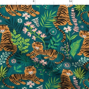 Tiger Fabric - Tigers By Laura May Designs - Teal Orange Large Wild Cats Jungle Tropical Floral Cotton Fabric By The Yard With Spoonflower