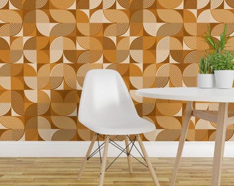 Orange Peel and Stick Wallpaper - Vintage Brown - Removable Wall Decor Art - Retro Brown Mid Century Modern Geometric Shapes  by evamatise
