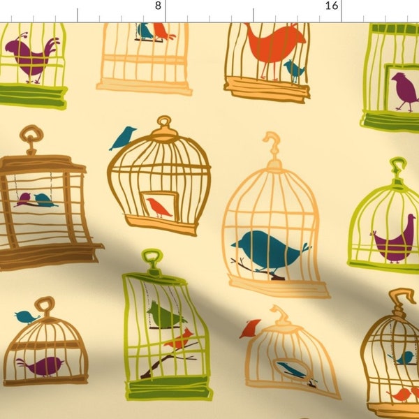 Birds Fabric - Bird Cages By Sheena Hisiro - Vintage Style Bird Cage Yellow Pet Birdie Cotton Fabric By The Yard With Spoonflower