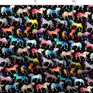 Rainbow Unicorn Fabric - Rainbow Watercolor Galaxy Unicorns Black Background By Emmaallardsmith - Cotton Fabric by the Yard With Spoonflower