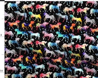 Rainbow Unicorn Fabric - Rainbow Watercolor Galaxy Unicorns Black Background By Emmaallardsmith - Cotton Fabric by the Yard With Spoonflower