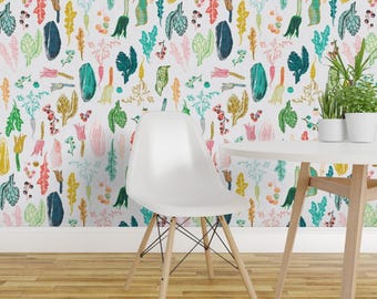 Groentenbehang - Vegetales Seamless van Nouveau Boho - Groen, op maat bedrukte verwijderbare zelfklevende behangrol van Spoonflower