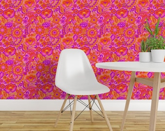 Bright Psychedelic Wallpaper - Flower Power By Cressida Carr - Hot Pink Retro 1960s Floral Maximalist Hippie Wallpaper with Spoonflower