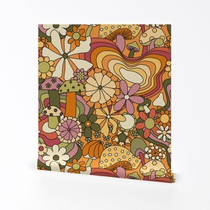 Retro Removable Peel and Stick Wallpaper - Vintage Floral Retro Hippie - Wall Art Wall Decor - Groovy Mushroom Garden by yesterdaycollection