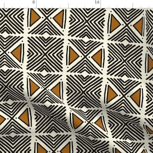 Bone Geometric Fabric - Tribal Black Motif by designdn - Yellow Ochre Triangle Lines African Bohemian Fabric by the Yard by Spoonflower