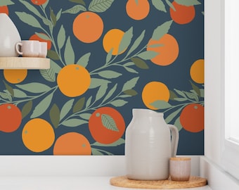 citrus Wallpaper - Navy Tangerine Jumbo By Indybloomdesign - Tropical Custom Printed Removable Self Adhesive Wallpaper Roll by Spoonflower