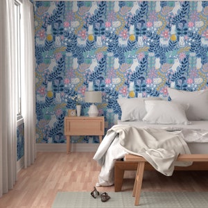 Floral Cats Wallpaper - Spring-Cats By Kostolom3000 - Blue Pink Kids Whimsical Kitten Removable Self Adhesive Wallpaper Roll by Spoonflower image 6