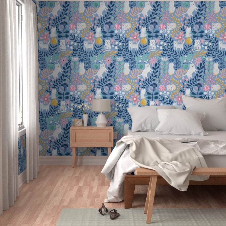 Floral Cats Wallpaper - Spring-Cats By Kostolom3000 - Blue Pink Kids Whimsical Kitten Removable Self Adhesive Wallpaper Roll by Spoonflower image 6