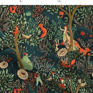 May include: Fabric featuring a dark forest pattern with orange foxes, small white rabbits, and figures in green and cream clothing. The design includes brown trees, red flowers, and leafy foliage on a dark navy background, shown with a 24-inch ruler.