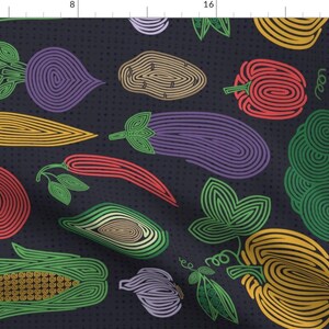 Vegetables Fabric - Hypnotic Veggies By Runlenarun - Bright Color on Black Food Modern Kitchen Cotton Fabric By The Yard With Spoonflower