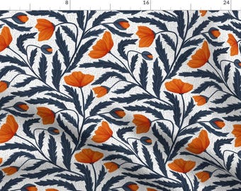 Watercolor Floral Fabric - Poppy Blue by denesannadesign -  Poppies Botanical Wildflower Floral Orange Fabric by the Yard by Spoonflower