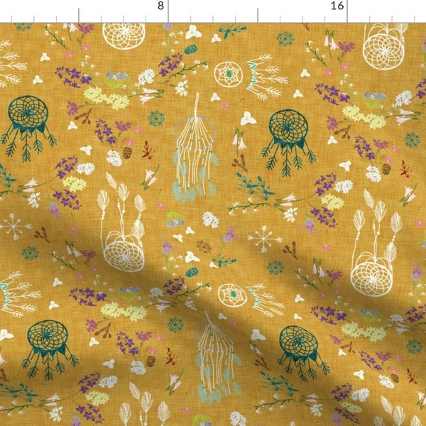 Boho Floral Fabric - Wildflower Dreams Mustard  By Nouveau Bohemian - Dream Catcher Boho Nursery Cotton Fabric By The Yard With Spoonflower