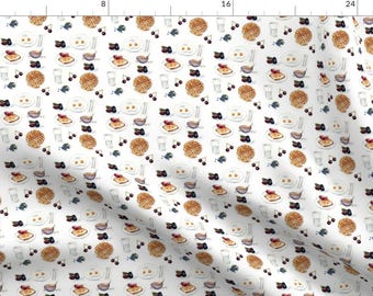 May include: A white background with a repeating pattern of breakfast foods. The pattern includes waffles, eggs, milk, and cherries.