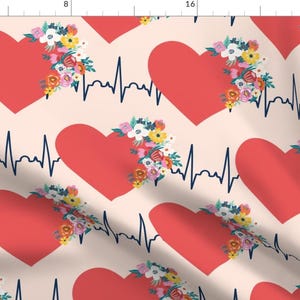 Love EKG Hearts Floral Fabric - Thank You Medical Staff By Sandra Hutter Designs - Love Cotton Fabric By The Yard With Spoonflower