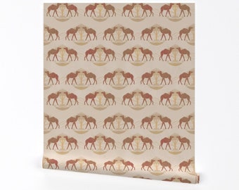 Desert Animal Wallpaper - Camels In The Desert by daesi-grafik - Terra Cotta Beige Cream  Removable Peel and Stick Wallpaper by Spoonflower