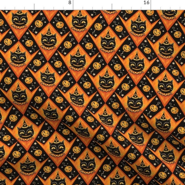 Retro Cat Clown Fabric - Grinning Black Cat Jacks By Johannaparkerdesign - Spooky Scary Halloween Cotton Fabric By The Yard With Spoonflower