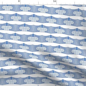 May include: A seamless pattern featuring a repeating design of blue and white stylised columns on a white background.