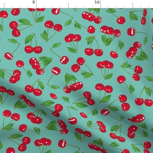 Blue Retro Cherry Fabric - Very Cherry - Aqua By Juliesfabrics - Retro Summer Fruit Cotton Fabric By The Yard With Spoonflower