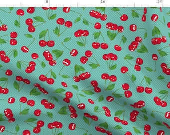 Blue Retro Cherry Fabric - Very Cherry - Aqua By Juliesfabrics - Retro Summer Fruit Cotton Fabric By The Yard With Spoonflower