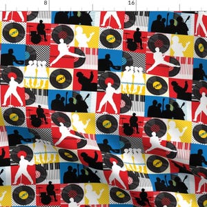 Rock-and-roll Fabric - Rock-and-roll by studio_k - Piano Vinyl Record Print Blue Yellow Polka Dot Fabric by the Yard by Spoonflower