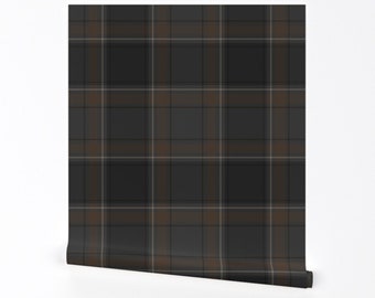 Vintage Brown Plaid Wallpaper - Dark Brown Plaid by melamations - Retro Grey Grey Tartan Removable Peel and Stick Wallpaper by Spoonflower