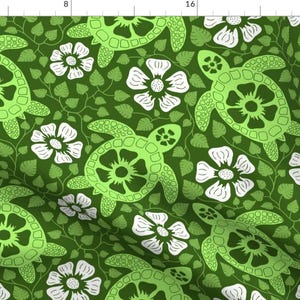 Green Turtles Fabric - Hawaiian Turtles And Flowers In The Greens Of The Garden By Coloroncloth - Cotton Fabric by the Yard With Spoonflower