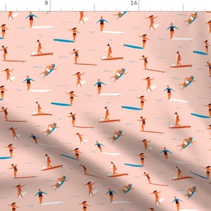 Pink Surfers Fabric - Soul Surfers In Retro Pink By Tasiania - Pink Surfers Ocean Beach Nautical Cotton Fabric By The Yard With Spoonflower