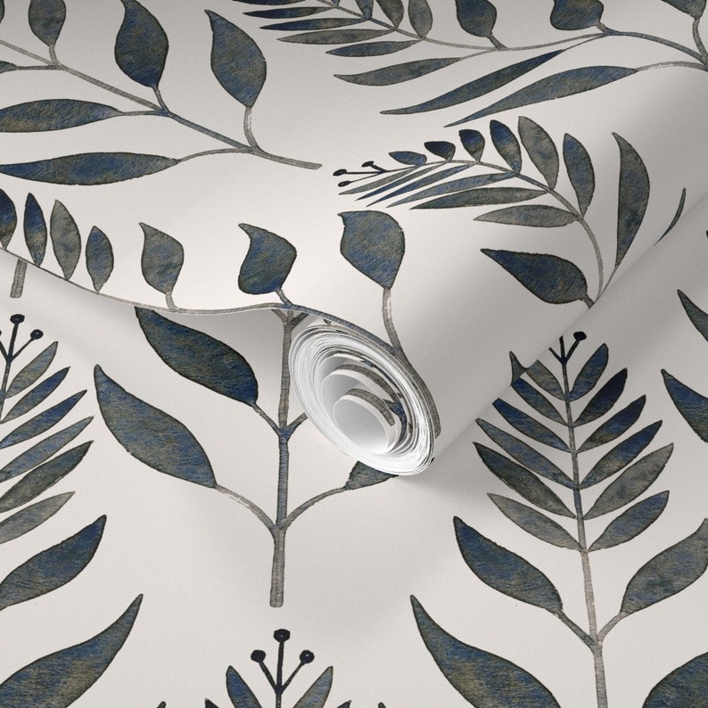 Botanical Wallpaper Navy Leaves Antiqued by Bluebirdcoop - Etsy