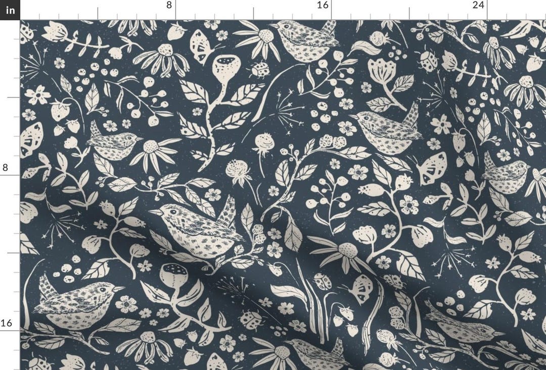 Woodland Botanical Fabric - Block Print Wren by Wildspiraldesigns ...