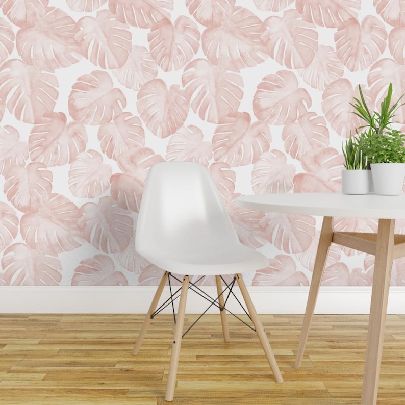 Monstera Wallpaper - Jumbo Scale Watercolor Monstera Leaf By Littlearrowdesign - Pink Removable Self Adhesive Wallpaper Roll by Spoonflower image 1