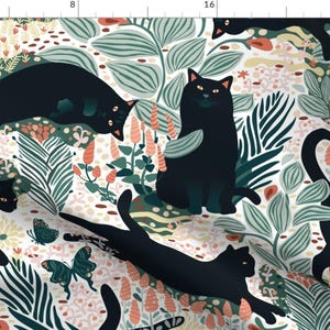 Black Cat Floral Garden Fabric - Black Cat In The Butterfly Garden By Boszorka - Cat Flowers Cotton Fabric By The Yard With Spoonflower