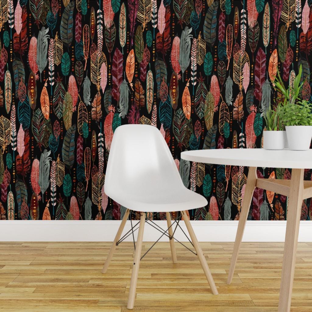 Dark Feathers Wallpaper - Feathers on Black by Sarah Treu - Boho ...