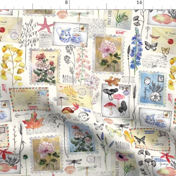 Mail Fabric - Postal Reminiscence By Pattern Talent - Botanical Vintage Stamps Floral Letters Cotton Fabric By The Yard With Spoonflower