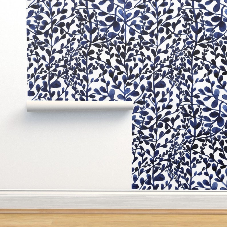 Botanical Wallpaper Navy Floral Leaves by Marjolein in - Etsy