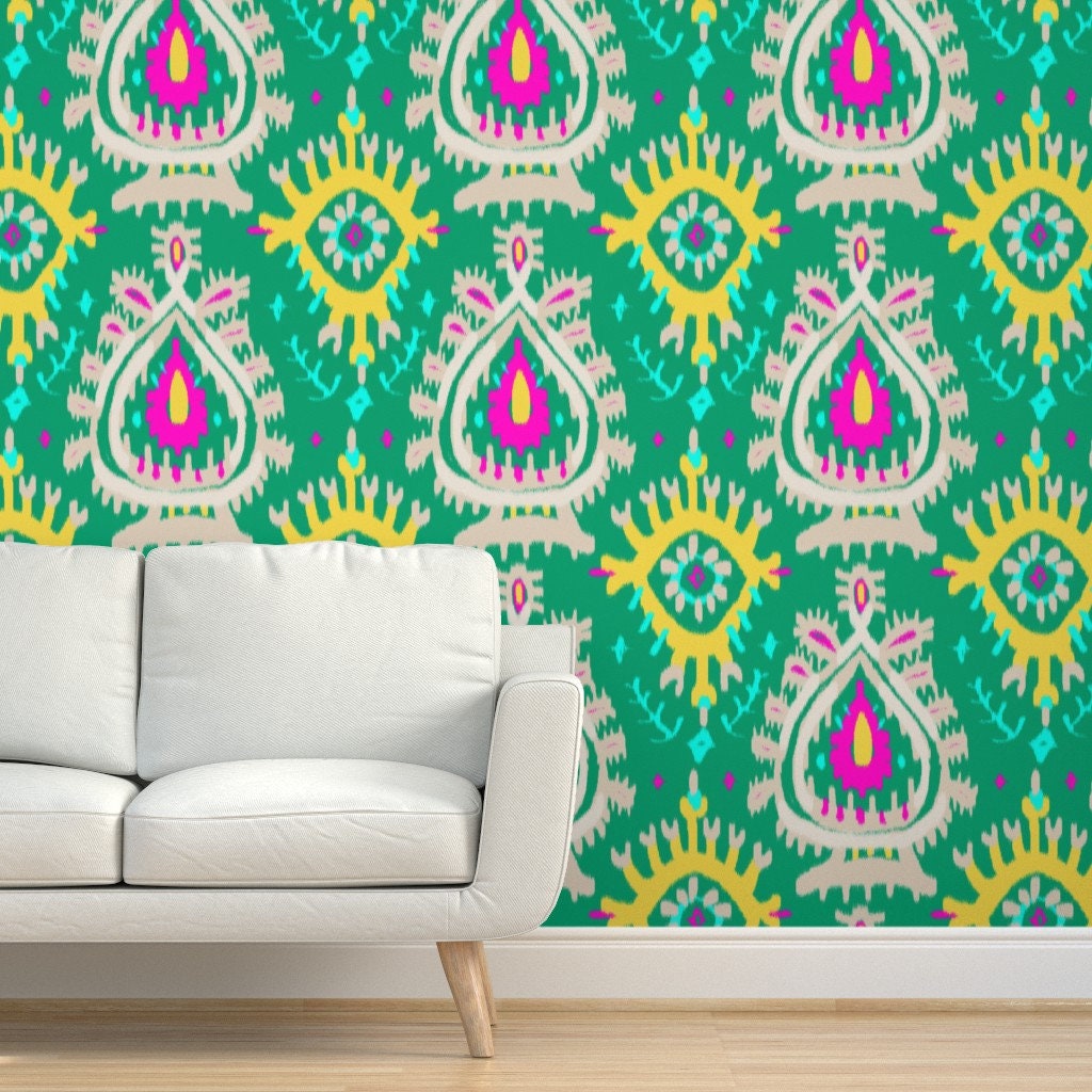 Green Wallpaper Emerald Ikat by Domesticate Custom Printed | Etsy