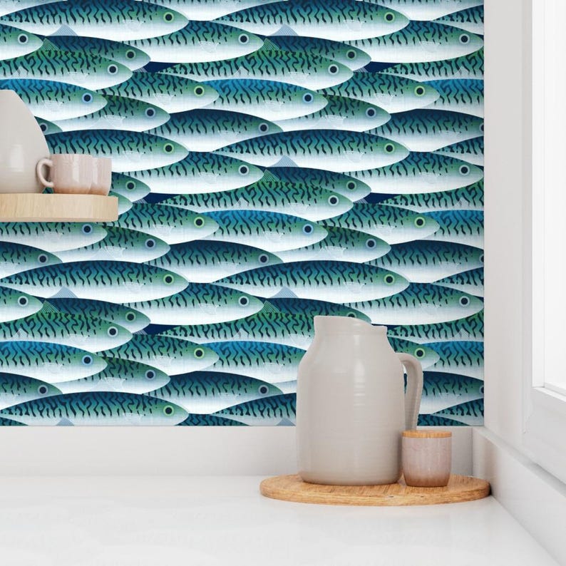 Fisch-Tapete - Meer von Spellstone - Fisch-blauen Schuppen Sportler Angeln Individuell bedruckte entfernbare selbstklebende Tapetenrolle von Spoonflower Bild 7