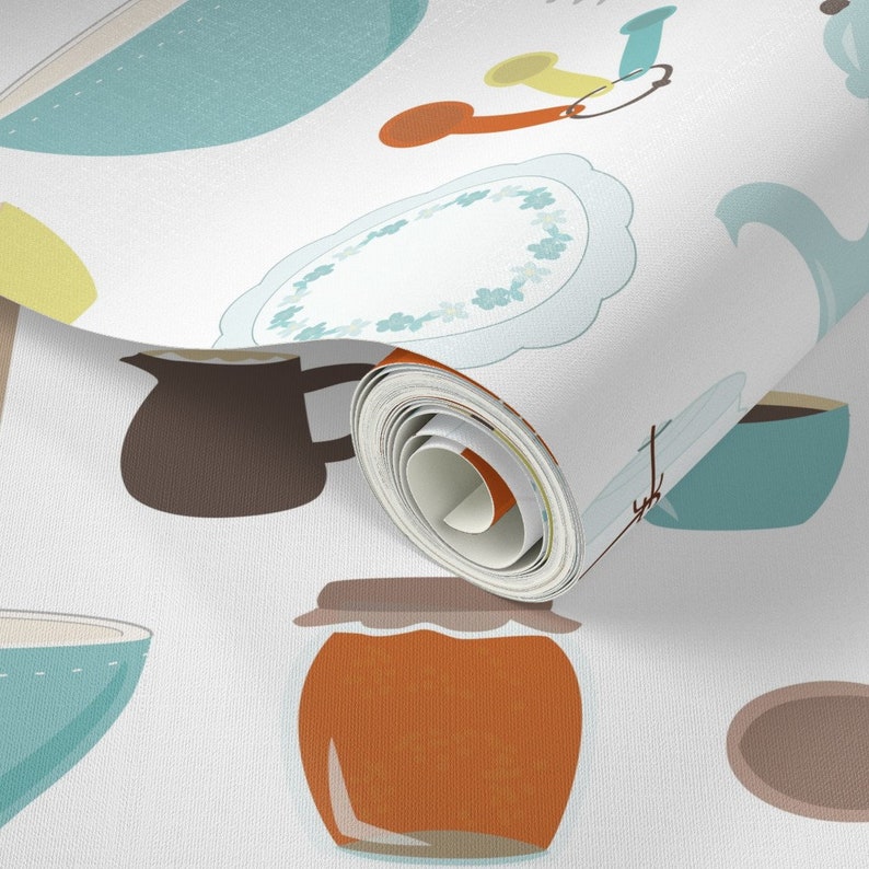 Vintage Kitchen Wallpaper - My Vintage Kitchen By Calobeedoodles- Retro Custom Printed Removable Self Adhesive Wallpaper Roll by Spoonflower image 3