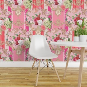 Tapeta z wzorem rokoko – Różowy romans rokoko od Susie B Designs – dziewczęca, zdejmowana, samoprzylepna rolka tapety French Roses od Spoonflower