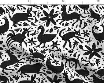 Black White Festive Otomi Fabric - Mexico Springtime Black On White (Large Scale) By Sammyk - Cotton Fabric By The Yard With Spoonflower