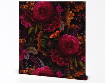 Moody Floral Wallpaper - Antique Painted Roses by utart - Gothic Flower Maximalist Bouquet Removable Peel and Stick Wallpaper by Spoonflower
