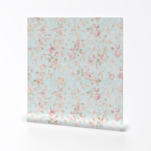 Romantic Rose Removable Peel and Stick Wallpaper - Shabby Chic Retro 90s Pink Floral - Wall Art Wall Decor - June Roses Aqua by lilyoake