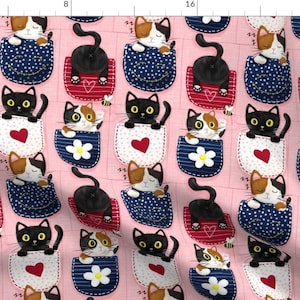 Cat Fabric - Cat In The Pocket By Whimsical Brush - Cat Pink Feline Animal Lover Hearts Flowers Cotton Fabric By The Yard With Spoonflower